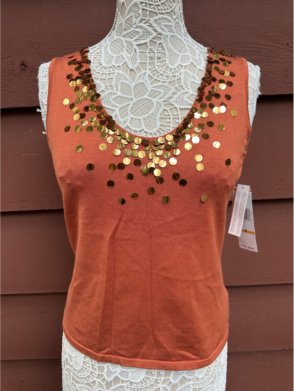 NWT Jones New York Orange Tank Top with‎ Sequin Neckline Y2K Bohemian Style